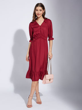 Latin Quarter Women Maroon Collar Neck Half Sleeve Solid A-Line Dress