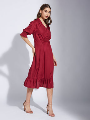 Latin Quarter Women Maroon Collar Neck Half Sleeve Solid A-Line Dress