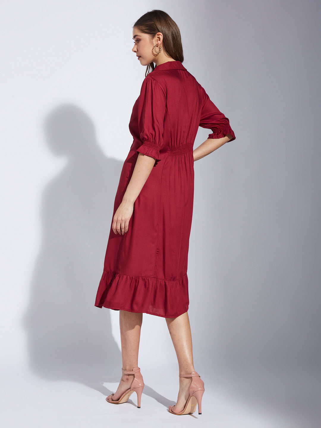 Latin Quarter Women Maroon Collar Neck Half Sleeve Solid A-Line Dress