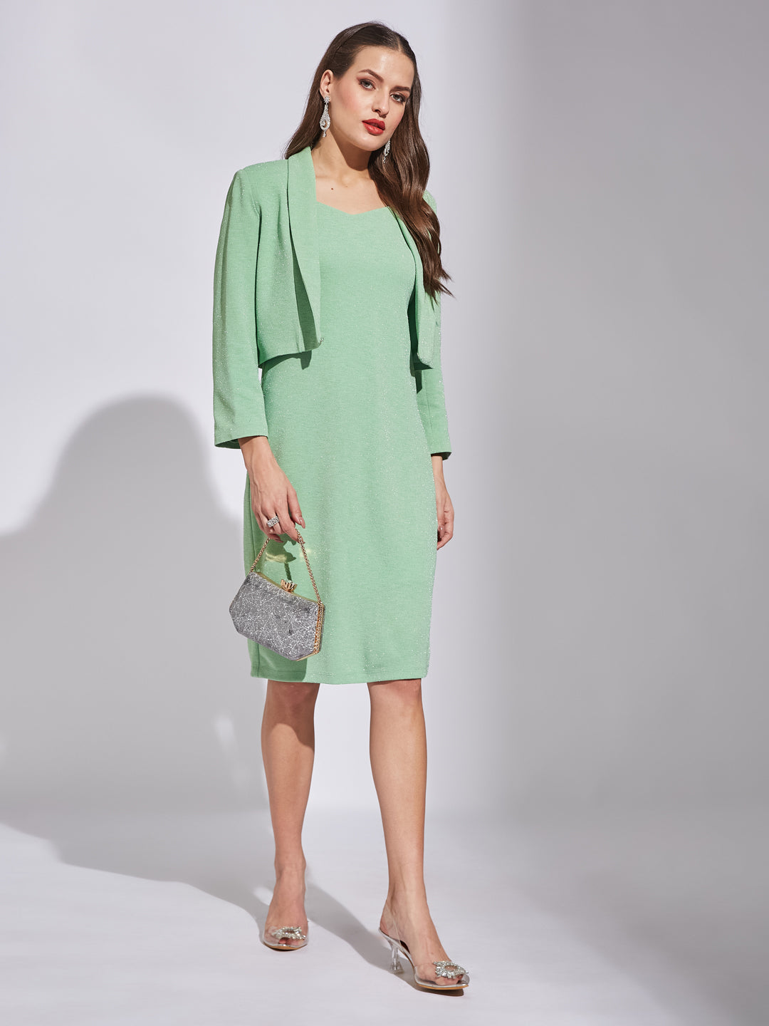 Latin Quarters Women Green V-Neck 3/4Th Sleeves Solid Dress