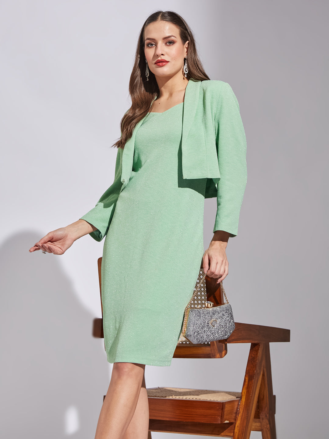 Latin Quarters Women Green V-Neck 3/4Th Sleeves Solid Dress