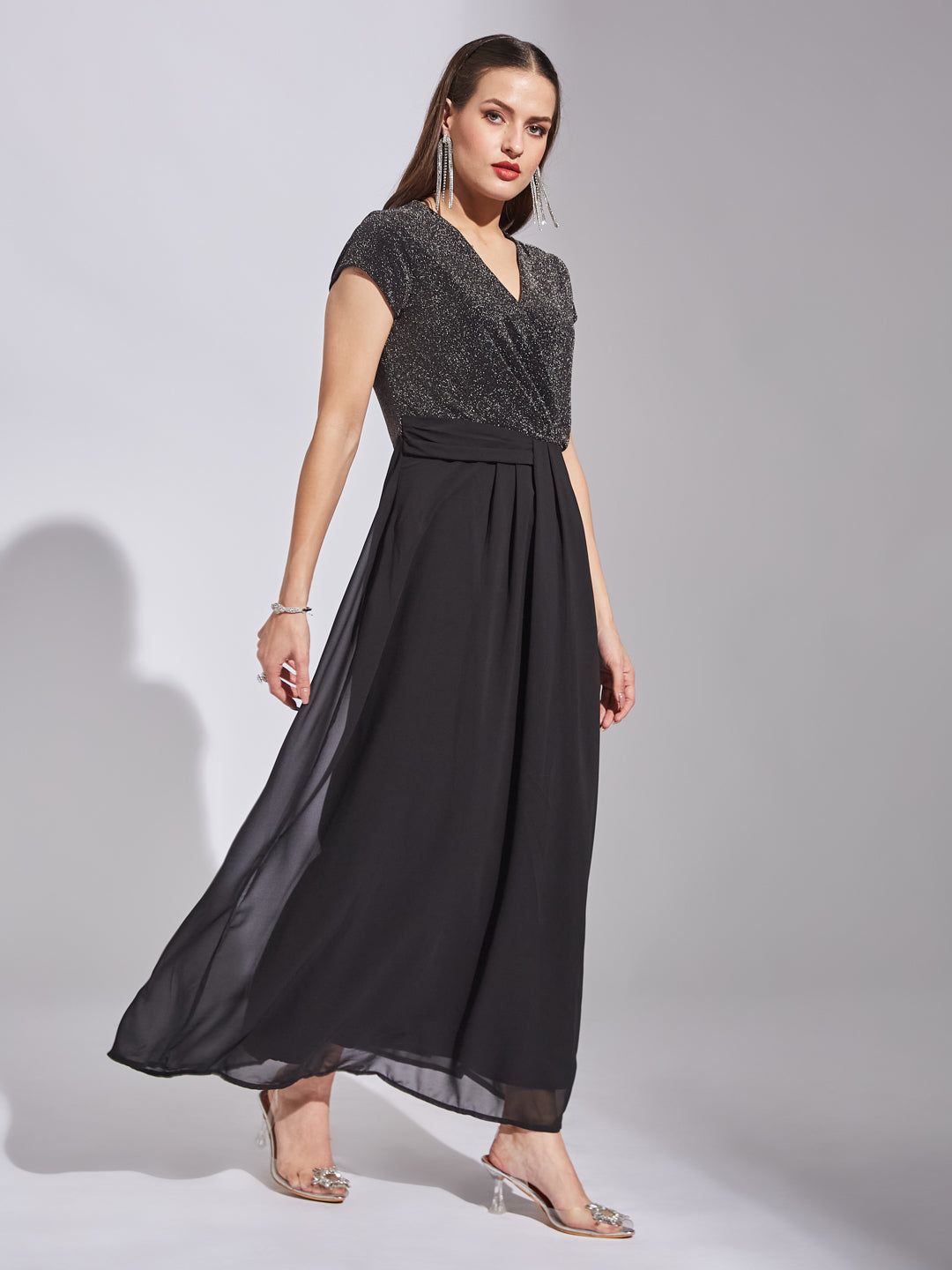 Latin Quarters Women Black V-Neck Cap Sleeve Solid Dress