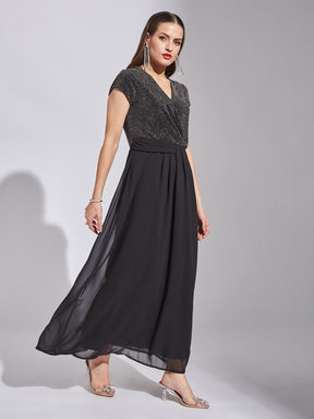 Latin Quarters Women Black V-Neck Cap Sleeve Solid Dress