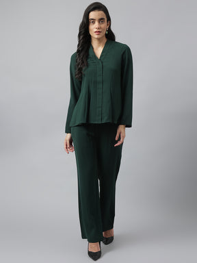 Green Full Sleeve V-Neck Solid Co-Ord Set For Casual Wear