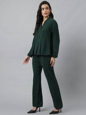 Green Full Sleeve V-Neck Solid Co-Ord Set For Casual Wear