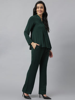 Green Full Sleeve V-Neck Solid Co-Ord Set For Casual Wear