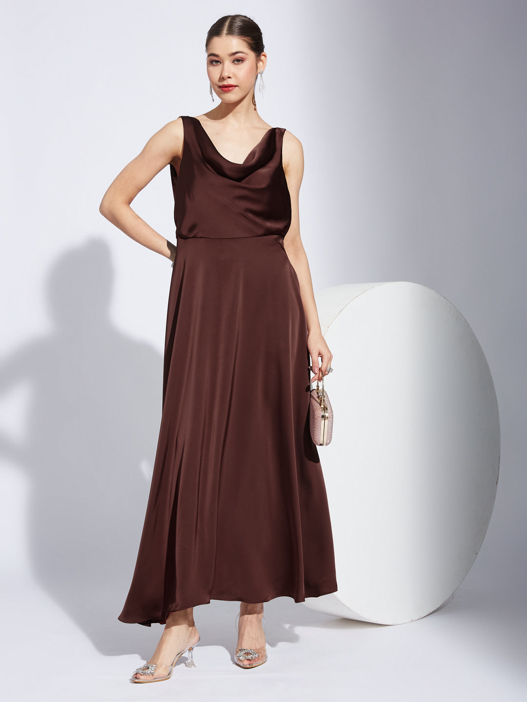 Latin Quarter Women Rust V-Neck Sleeveless Solid Fit And Flare Dress