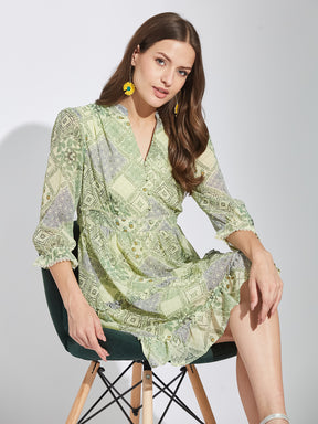 Latin Quarters Women Green Mandarin Collar 3/4Th Sleeves Printed A-Line Dress For Casual Wear
