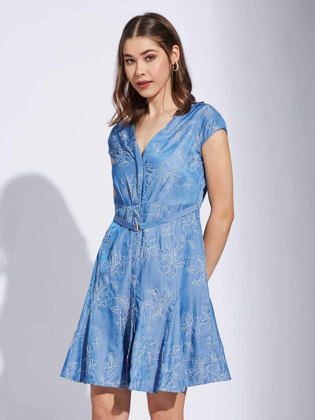 Latin Quarter Women Blue V-Neck Cap Sleeve Printed A-Line Dress