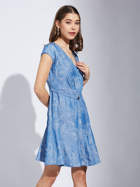 Latin Quarter Women Blue V-Neck Cap Sleeve Printed A-Line Dress