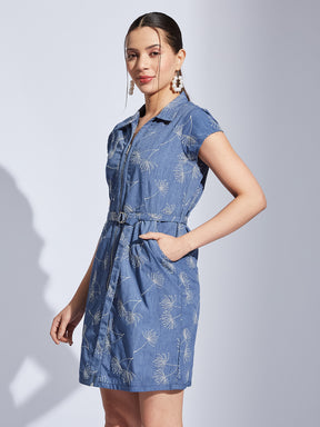 Latin Quarters Women Blue Collared Cap Sleeve Embroidery A-Line Dress For Casual Wear