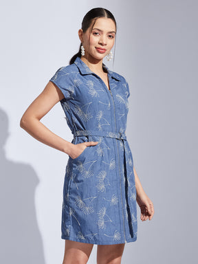 Latin Quarters Women Blue Collared Cap Sleeve Embroidery A-Line Dress For Casual Wear