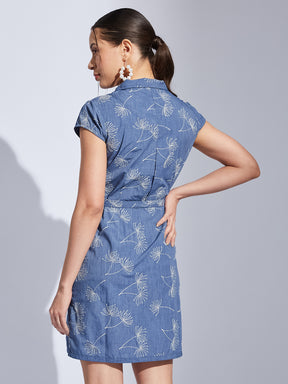 Latin Quarters Women Blue Collared Cap Sleeve Embroidery A-Line Dress For Casual Wear