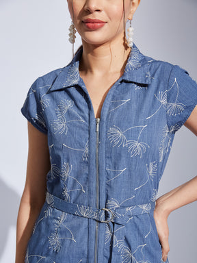 Latin Quarters Women Blue Collared Cap Sleeve Embroidery A-Line Dress For Casual Wear