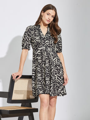 Latin Quarters Women Black Mandarin Collar Half Sleeves Printed A-Line Dress For Casual Wear