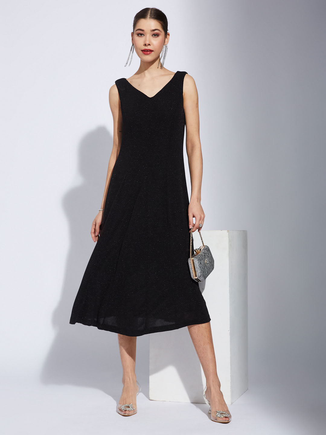 Latin Quarters Women Black V-Neck Sleeveless Solid A-Line Dress For Evening