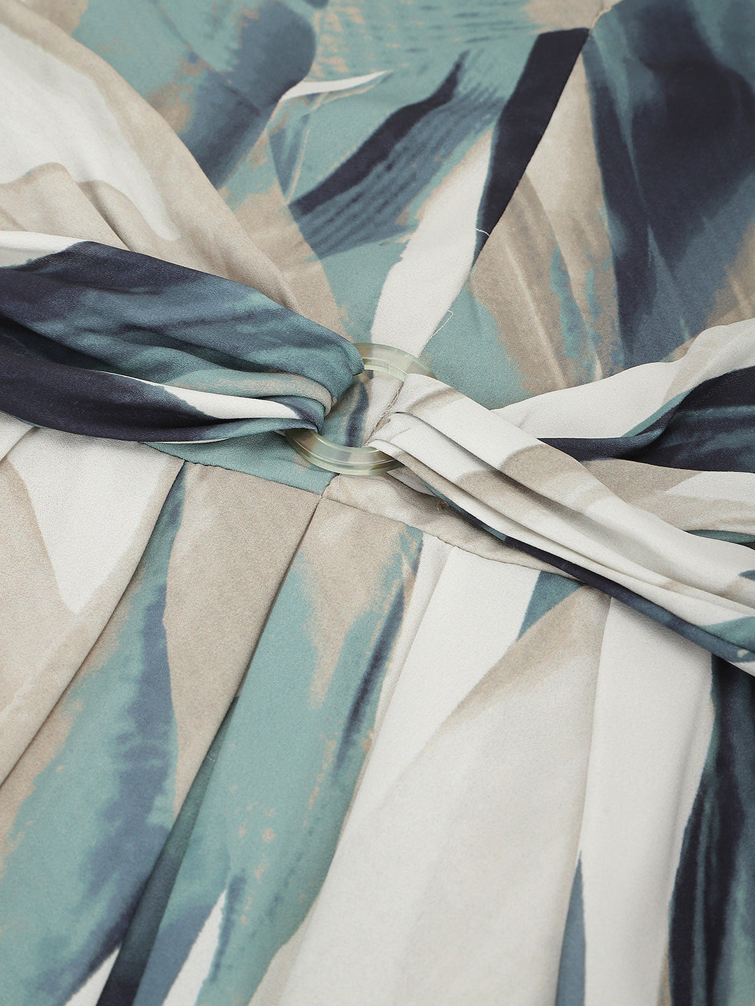 Latin Quarters Women's Green Leaf Print Pleated Belt Maxi Dress