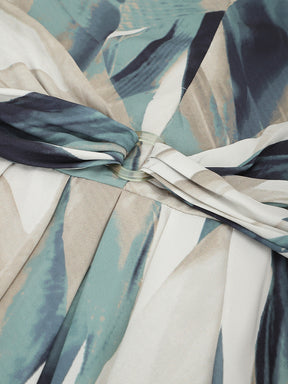 Latin Quarters Women's Green Leaf Print Pleated Belt Maxi Dress