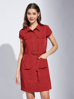 Latin Quarter Women Rust Collar Neck Cap Sleeve Solid Shirt Dress