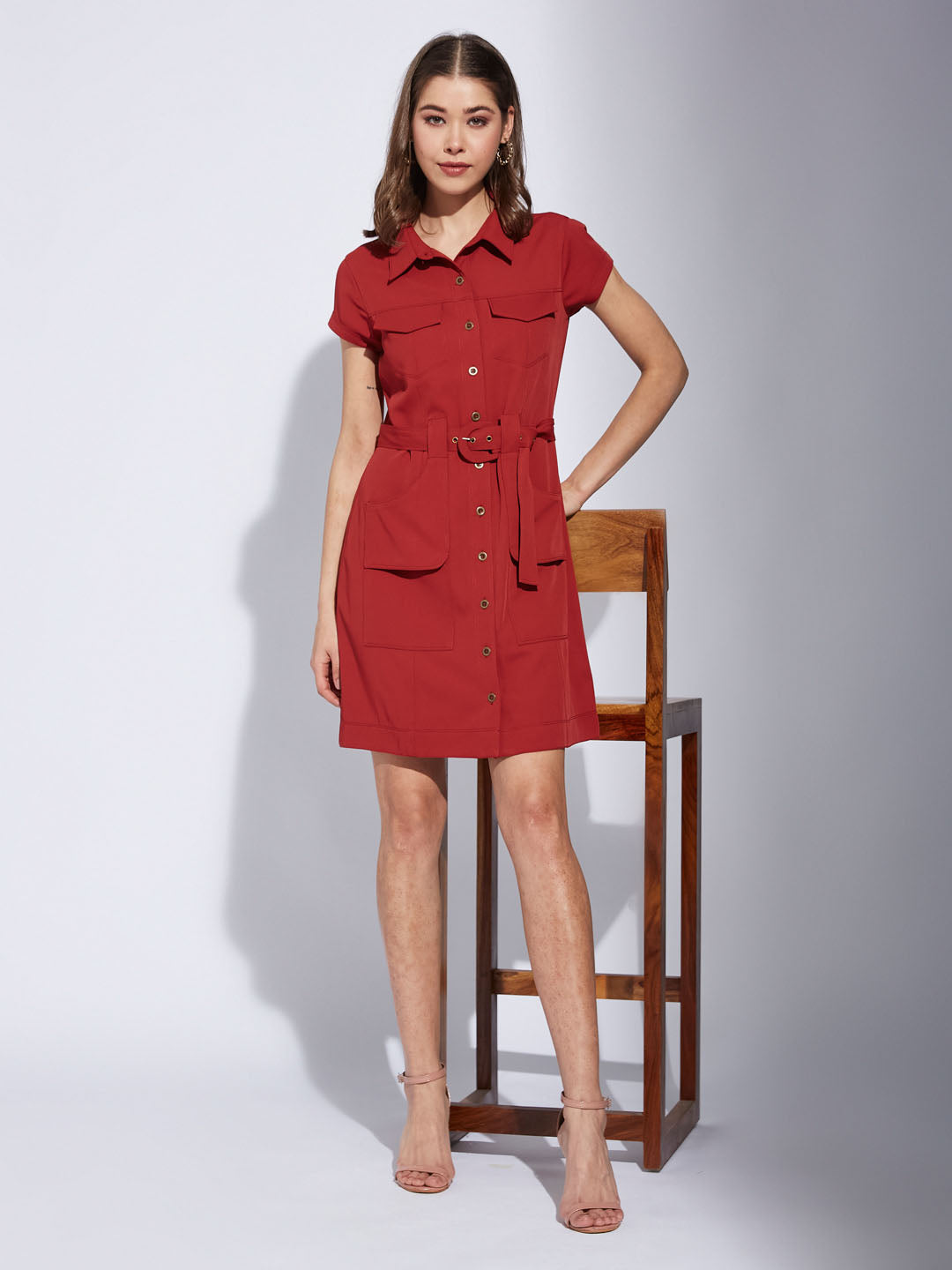 Latin Quarter Women Rust Collar Neck Cap Sleeve Solid Shirt Dress