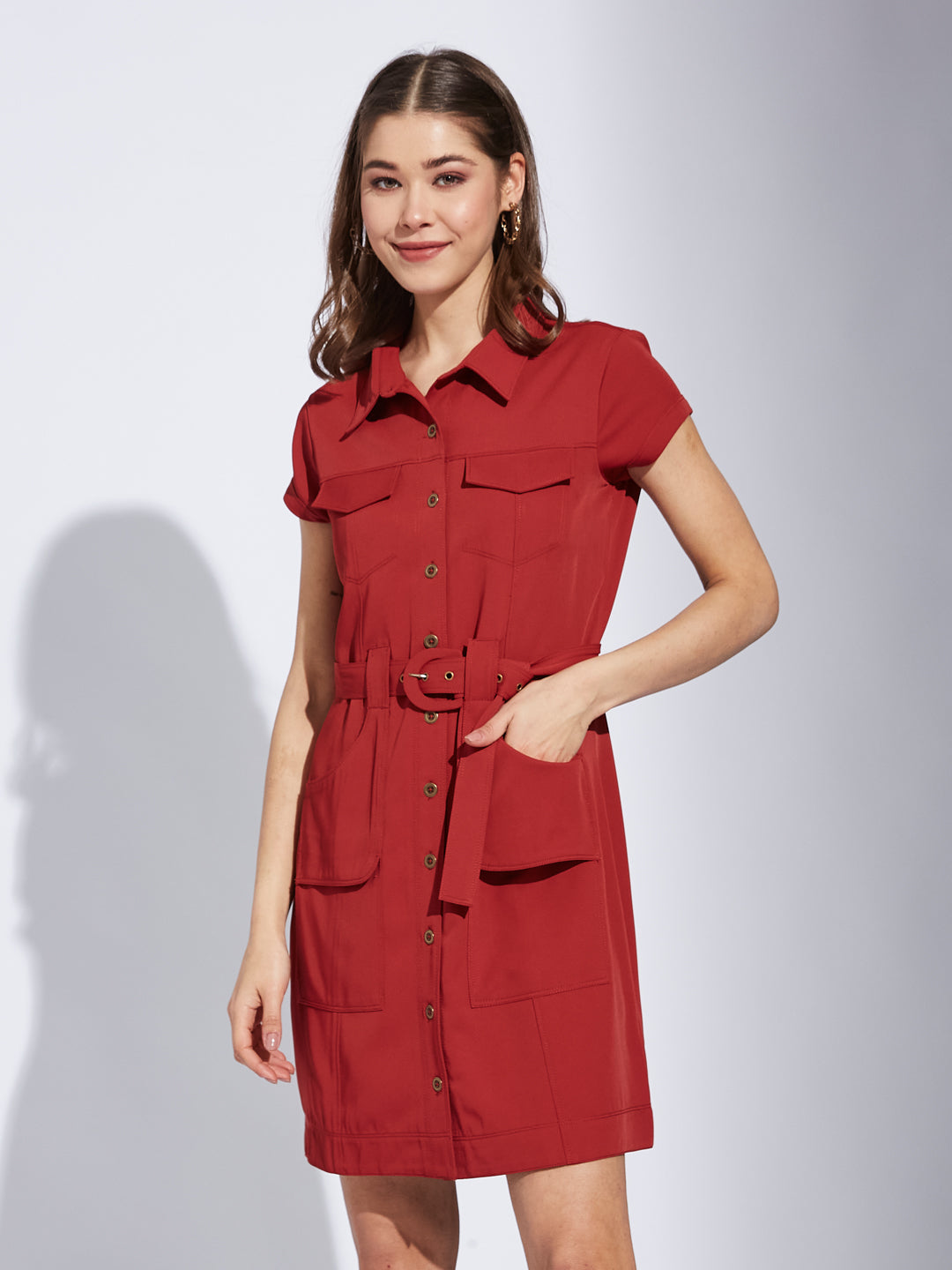 Latin Quarter Women Rust Collar Neck Cap Sleeve Solid Shirt Dress