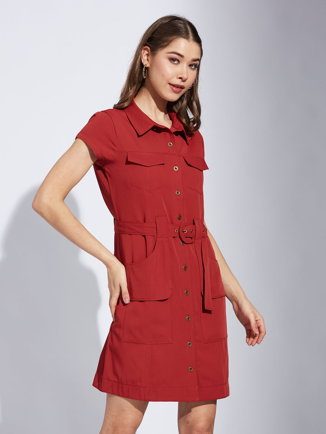 Latin Quarter Women Rust Collar Neck Cap Sleeve Solid Shirt Dress