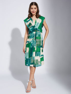 Latin Quarter Women Green V-Neck Cap Sleeve Printed A-Line Dress