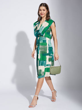 Latin Quarter Women Green V-Neck Cap Sleeve Printed A-Line Dress