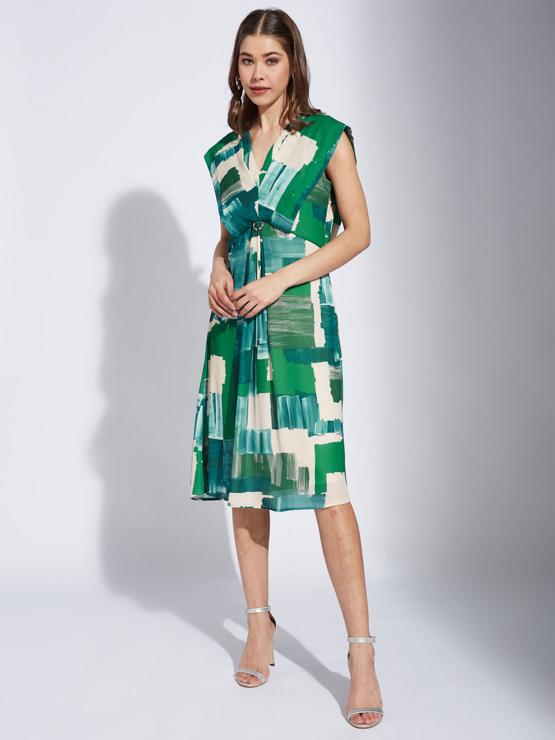 Latin Quarter Women Green V-Neck Cap Sleeve Printed A-Line Dress