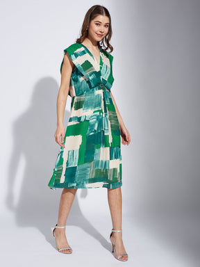 Latin Quarter Women Green V-Neck Cap Sleeve Printed A-Line Dress