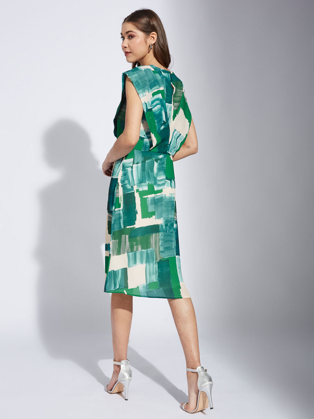 Latin Quarter Women Green V-Neck Cap Sleeve Printed A-Line Dress