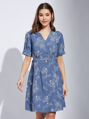 Latin Quarter Women Blue V-Neck Half Sleeve Printed A-Line Dress