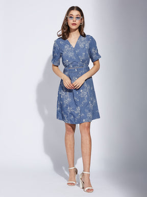 Latin Quarter Women Blue V-Neck Half Sleeve Printed A-Line Dress