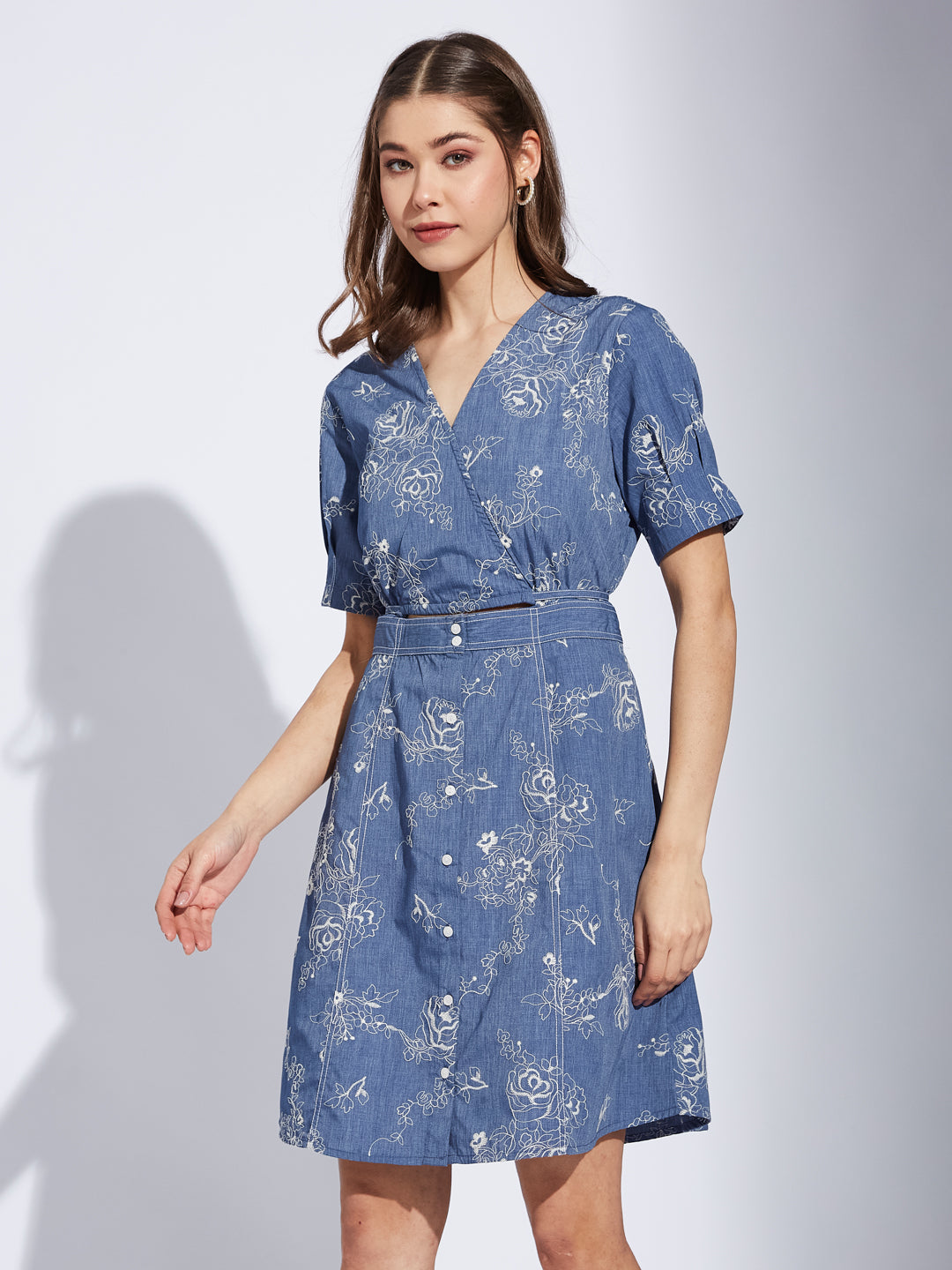 Latin Quarter Women Blue V-Neck Half Sleeve Printed A-Line Dress