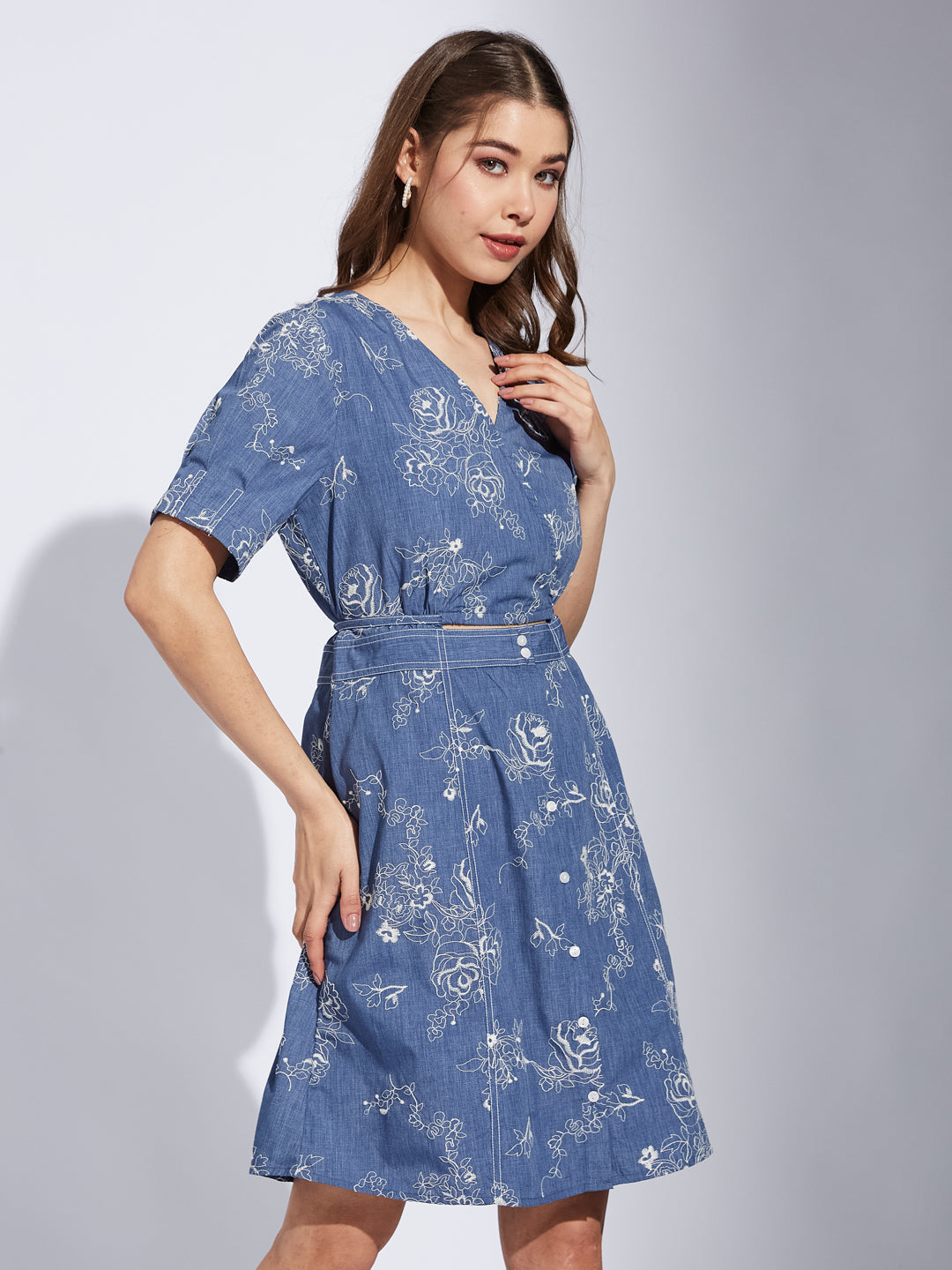 Latin Quarter Women Blue V-Neck Half Sleeve Printed A-Line Dress