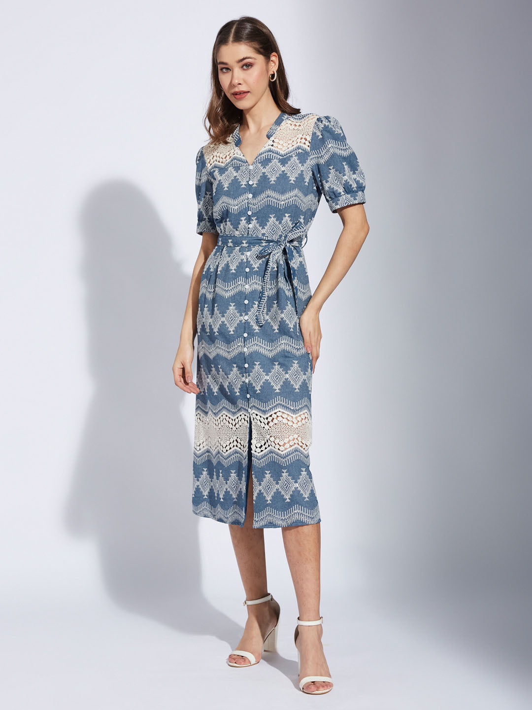 Latin Quarters Women'S Blue V-Neck Half Sleeves Embroidery Casual Shirt Dress