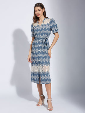 Latin Quarters Women'S Blue V-Neck Half Sleeves Embroidery Casual Shirt Dress