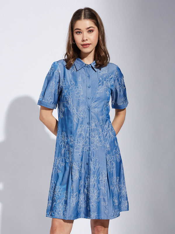 Latin Quarter Women Blue Collar Neck Half Sleeve Casual Printed Shirt Dress