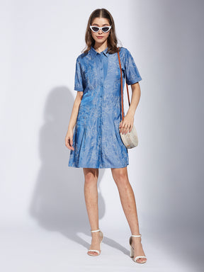 Latin Quarter Women Blue Collar Neck Half Sleeve Casual Printed Shirt Dress