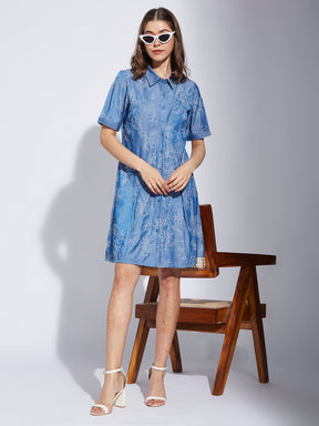 Latin Quarter Women Blue Collar Neck Half Sleeve Casual Printed Shirt Dress