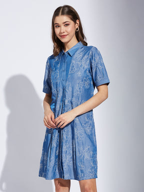 Latin Quarter Women Blue Collar Neck Half Sleeve Casual Printed Shirt Dress