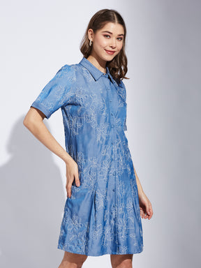 Latin Quarter Women Blue Collar Neck Half Sleeve Casual Printed Shirt Dress