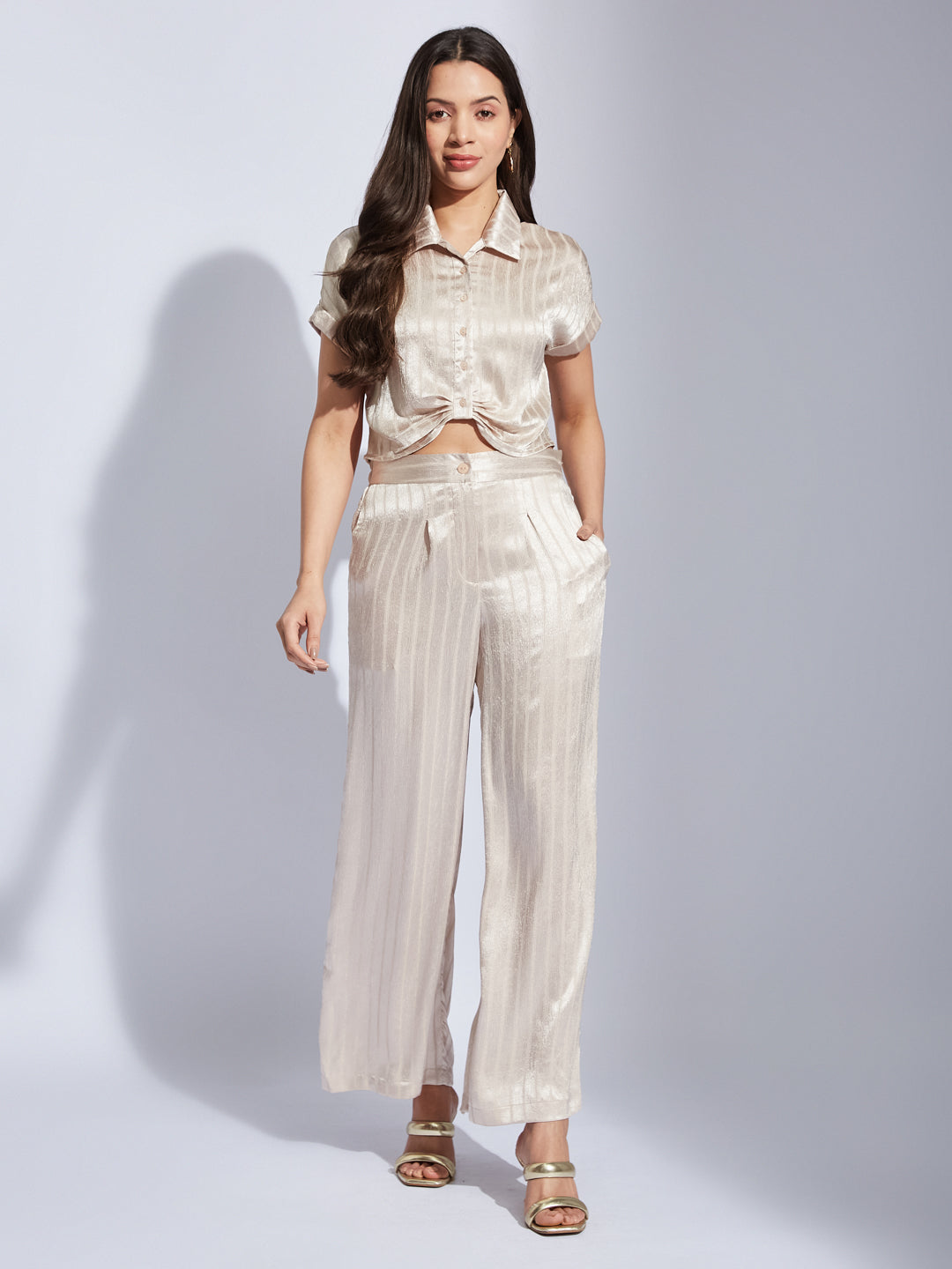 Latin Quarters Women Beige Collared Short Sleeve Striped Shirt Blouse For Casual Wear