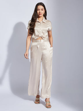 Latin Quarters Women Beige Collared Short Sleeve Striped Shirt Blouse For Casual Wear