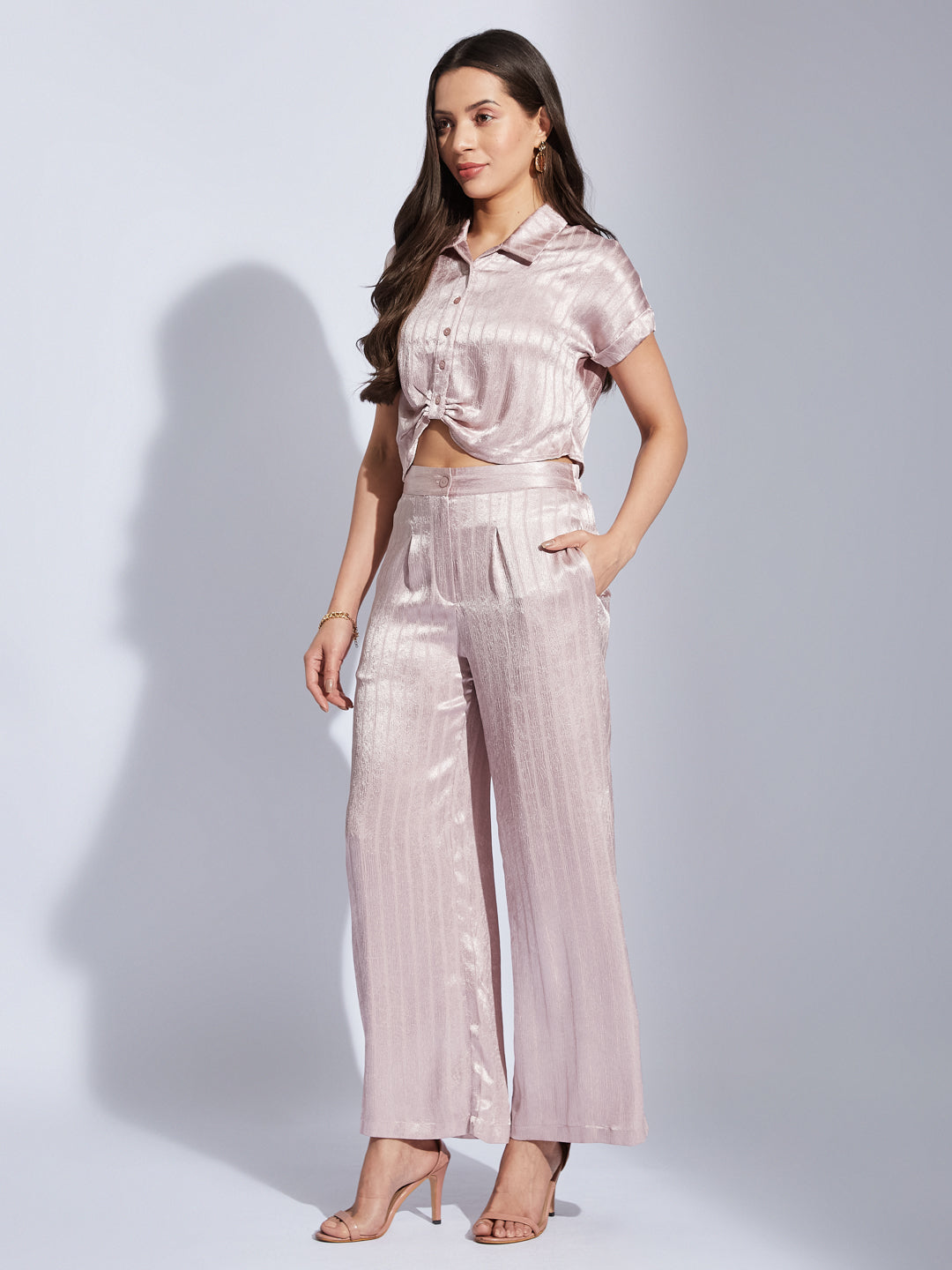 Latin Quarters Women Pink Collared Short Sleeve Striped Shirt Blouse For Casual Wear