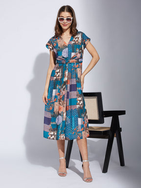 Latin Quarter Women Teal V-Neck Half Sleeve Printed A-Line Dress