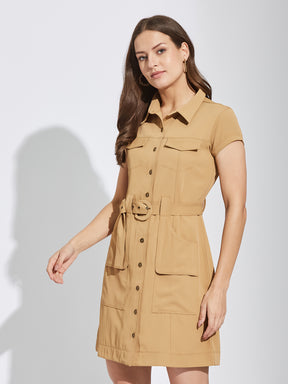 Latin Quarters Women Beige Collar Neck Cap Sleeves Solid Shirt Dress For Casual Wear