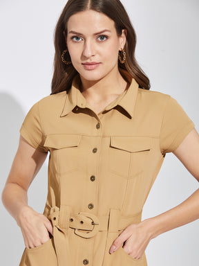 Latin Quarters Women Beige Collar Neck Cap Sleeves Solid Shirt Dress For Casual Wear