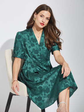 Latin Quarters Women Green V-Neck Half Sleeves Printed A-Line Dress For Party Wear