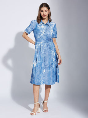 Latin Quarter Women Blue Collar Neck Half Sleeve Printed Shirt Dress